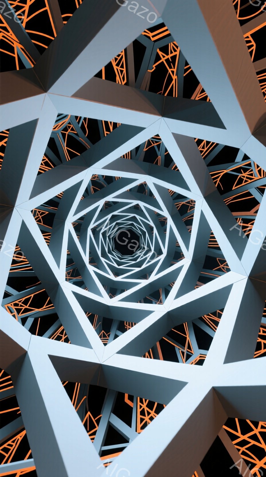 画像は、中心に向かって収束する幾何学的な構造の内部から見た様子で、白とオレンジ色の線が複雑に絡み合って、無限のトンネルのような視覚効果を生み出しています。光と影がコントラストを作り出し、奥行きと立体感を強調しています。全体的に、未来的な抽象美と、無限に続く空間への没入感を表現しています。