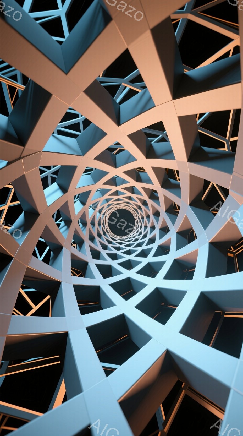 この画像は、中心に向かって収束する幾何学的な構造を描いたものです。青と黒のコントラストが際立ち、未来的なトンネルや迷路のような感覚を喚起します。光の反射と影の効果が立体感を強調し、無限に続く空間を表現しています。