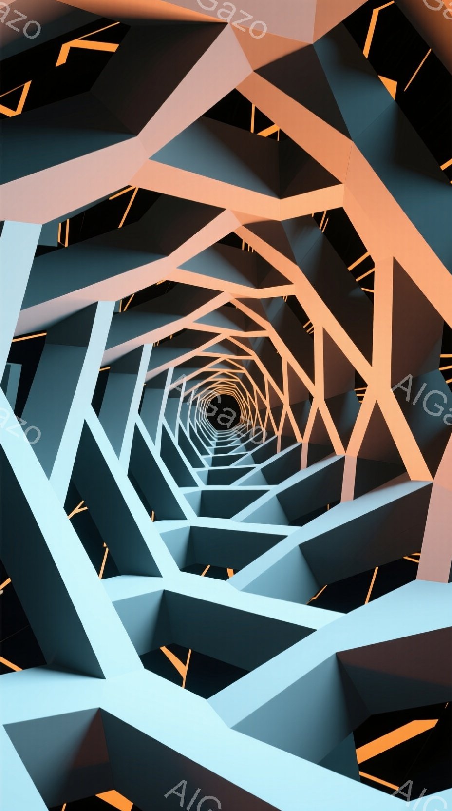 この画像は、幾何学的なトンネルを描写しており、白と黒の三角形の構造物がらせん状に配置されています。中央には暗い空洞があり、遠近法により奥行きが強調されています。全体的に未来的な雰囲気で、抽象的で夢幻的な空間を表現しています。