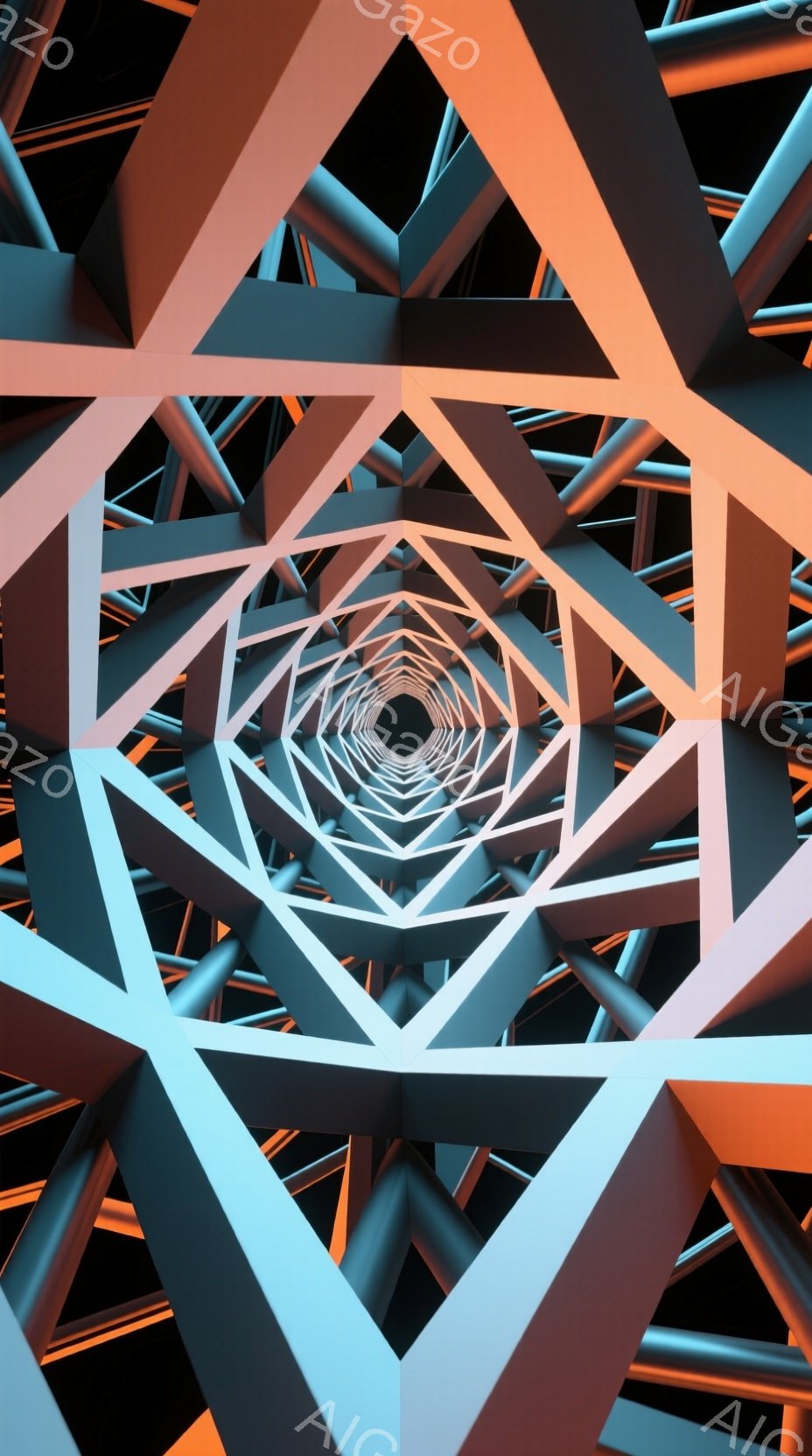 この画像は、青とオレンジの光沢のある幾何学的なトンネルの内部を示しており、鋭角的な線が複雑に交差して視覚的な奥行きを生み出しています。光の反射が構造の金属的な質感を強調し、無限に続くような感覚を誘いま - AI生成フリー素材