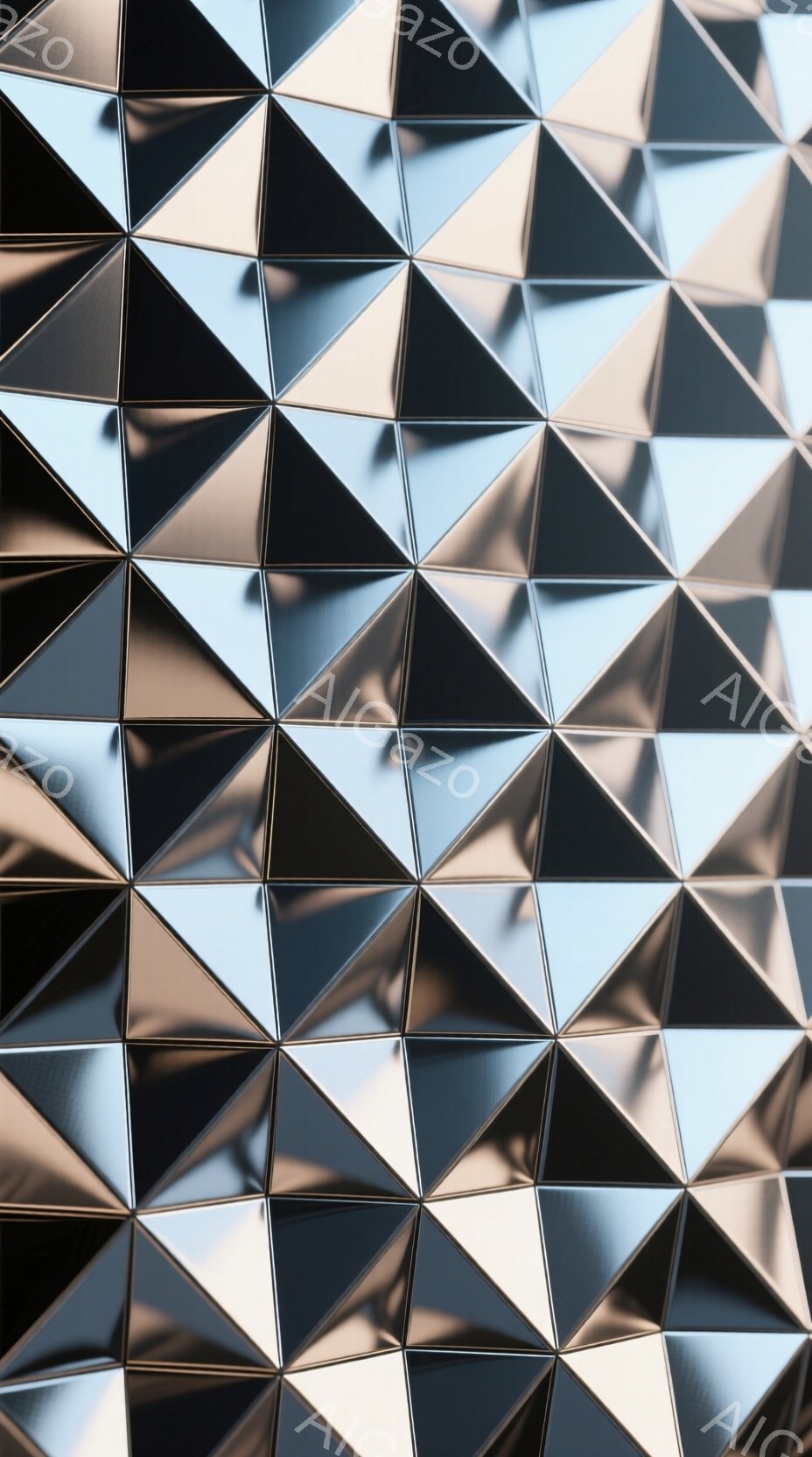 画像は、多角形のパネルが幾何学的に配置されたテクスチャのクローズアップです。各パネルは金属のような光沢を持ち、光の反射によってハイライトと影が複雑に絡み合っています。全体として、未来的で工業的な雰囲気を醸し出しており、まるでロボットの装甲や彫刻の一部のような印象を受けます。