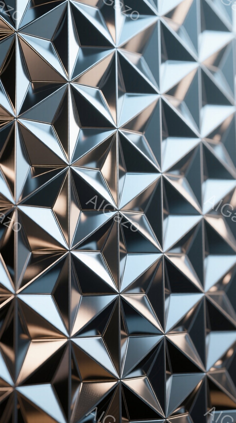 画像は、多角形パネルで構成された、メタリックな表面のクローズアップです。各パネルは光を反射し、影を作り出し、テクスチャに奥行きと立体感を与えています。全体的に、未来的な印象で、宝石のような輝きとシャープなエッジが特徴です。
