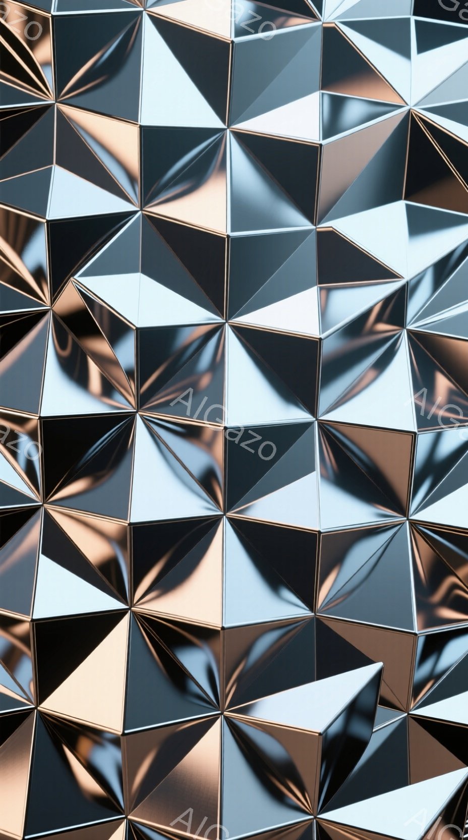 この画像は、多面体で構成された表面のクローズアップで、まるで金属的な輝きを持つ幾何学模様のテクスチャです。各面は光を反射し、影を作り出し、複雑な立体感を生み出しています。全体的に未来的な、そして冷たい印象を与えます。