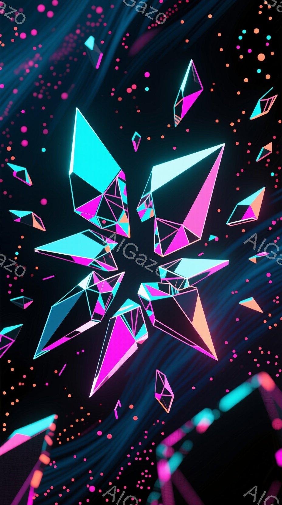 鮮やかなネオンピンクとターコイズブルーの砕けた結晶が、暗い背景に散りばめられています。結晶はさまざまな形と大きさで、光を反射してきらめき、まるで宇宙空間に浮かぶ破片のようです。背景には、ぼやけた光の筋が流れ、全体的に幻想的で未来的な雰囲気を醸し出しています。
