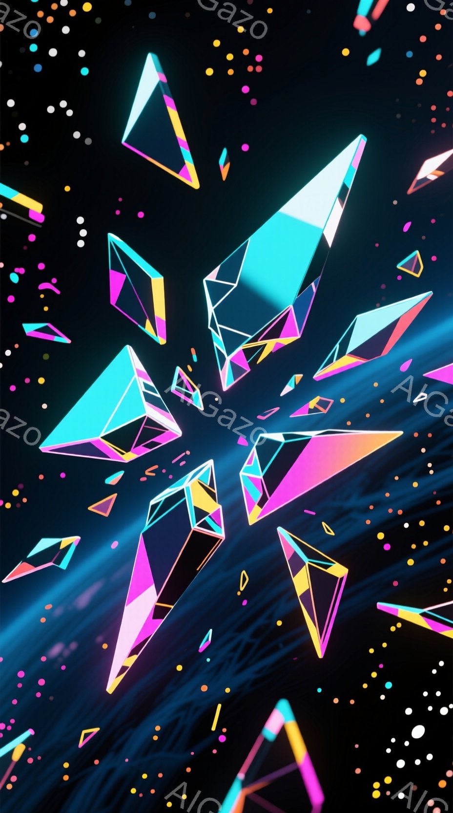 鮮やかなネオンカラーの結晶が、深い紺色の背景に散りばめられた様子が描かれている。結晶は様々な形と大きさで、まるで光の破片のように空間を彩っている。全体的に、未来的なエネルギーと神秘的な雰囲気が漂う抽象的なイメージである。
