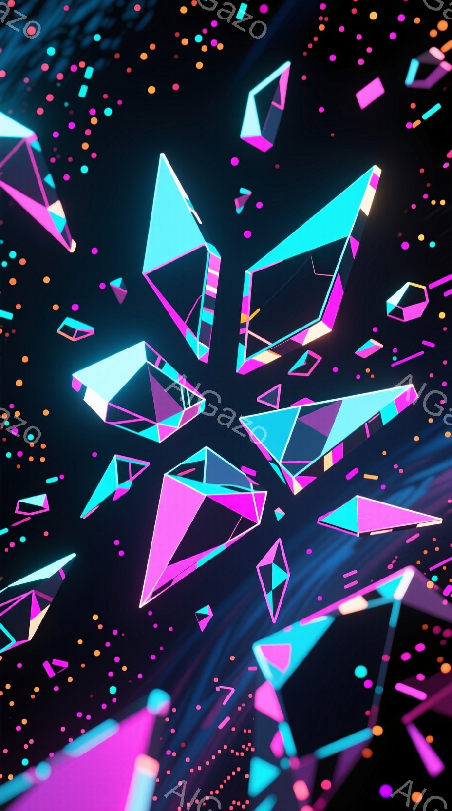 鮮やかなネオンピンクとターコイズブルーの多面体が、黒い背景に散りばめられています。光沢のある結晶のような形が、まるで宇宙空間に浮かぶ破片のように配置され、きらめきと奥行きを感じさせます。全体的に未来的な雰囲気で、サイバーパンクやデジタルアートを彷彿とさせる印象的なビジュアルです。
