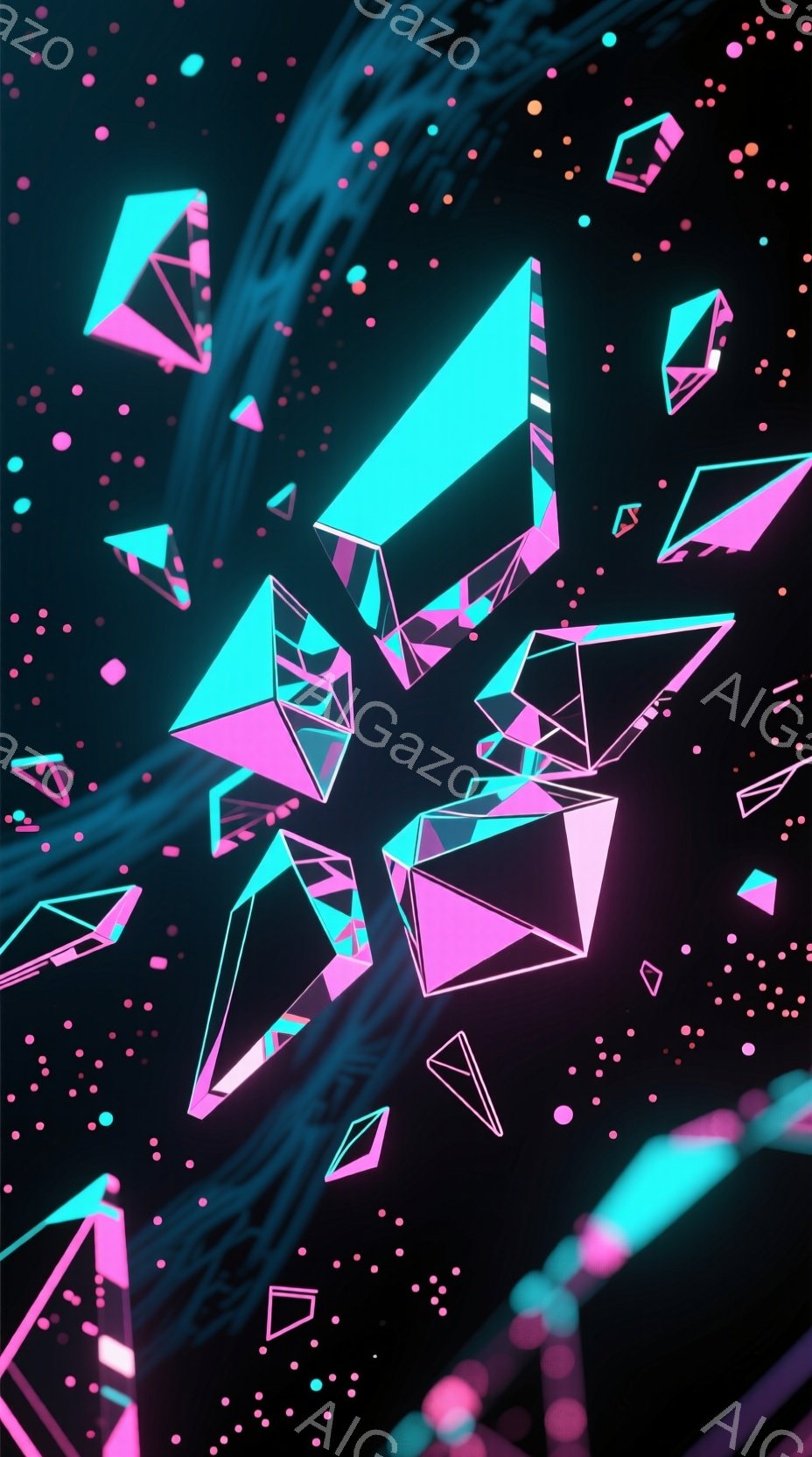 鮮やかなピンクとターコイズブルーの多面体の結晶が、暗い背景に散りばめられています。結晶は様々な角度で配置され、まるで空間が砕け散ったような印象を与えます。全体的にネオンライトのような光沢があり、サイバーパンク風の未来的な雰囲気を醸し出しています。