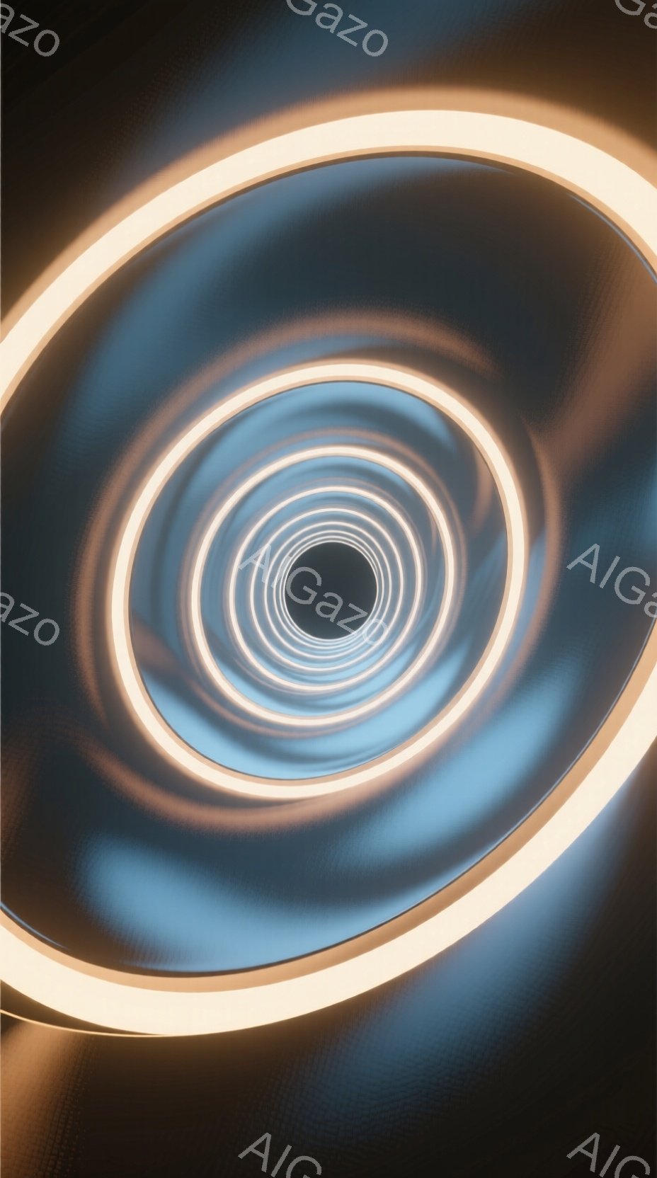 無数の同心円状の光のリングが、暗い背景の中で中心に向かって収束している様子が描かれています。光のリングは、温かいオレンジ色から冷たい青色へと徐々に色が変化し、未来的なトンネルのような視覚効果を生み出しています。全体的に、深遠で神秘的な雰囲気を醸し出しています。