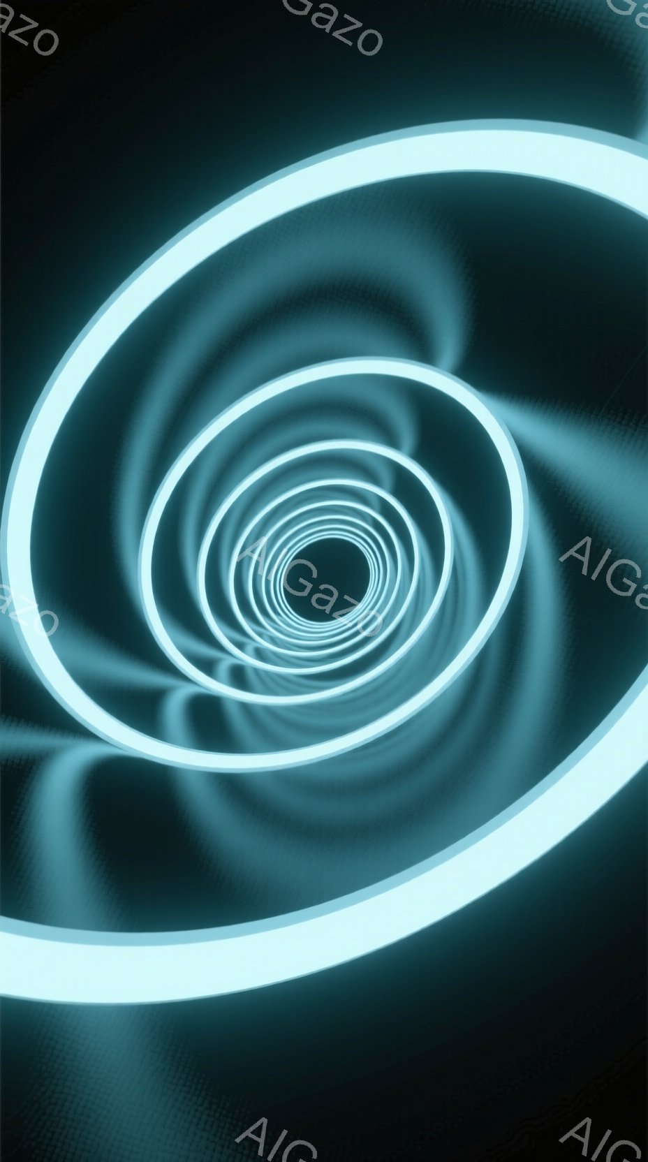 鮮やかな水色の光のリングが同心円状に広がり、視覚的なトンネルのような奥行きを作り出しています。リングはぼやけており、まるで光が螺旋を描きながら遠ざかっているかのような印象を与えます。背景は暗い青色で、光のリングが際立ち、幻想的で未来的な雰囲気を醸し出しています。