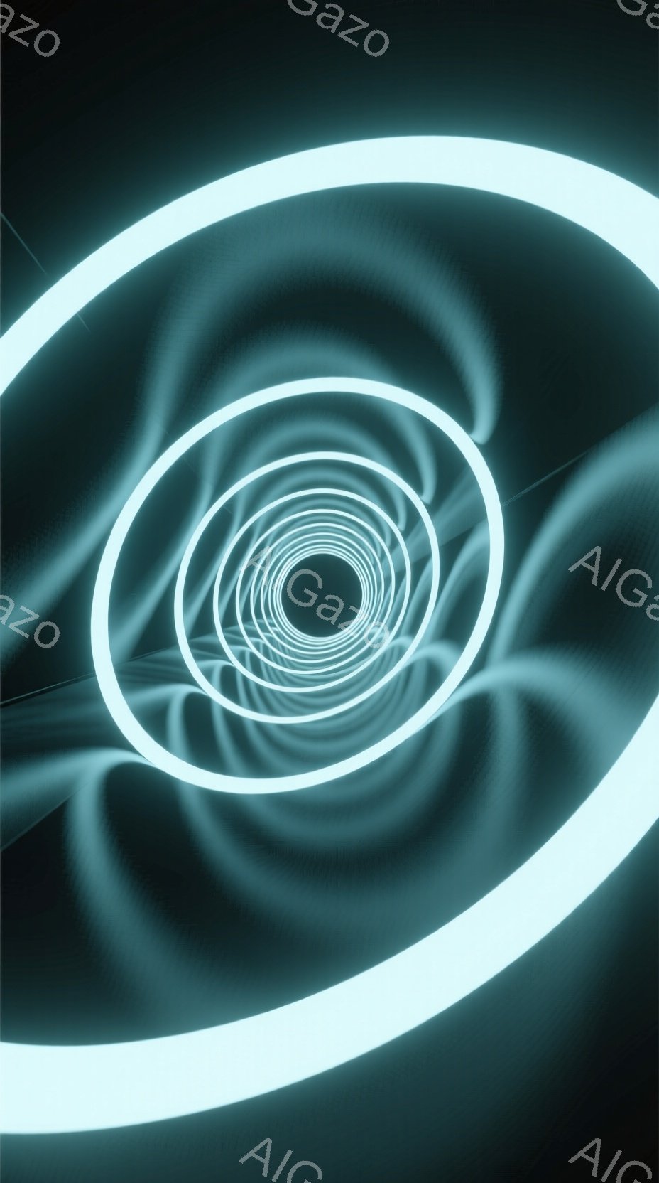 この画像は、中心に向かって収束する、光る円の連なりで構成されています。深い青緑色の背景が、光る円のコントラストを際立たせ、未来的なトンネルのような奥行きを生み出しています。全体として、無限に続くような神秘的で没入感のある雰囲気です。