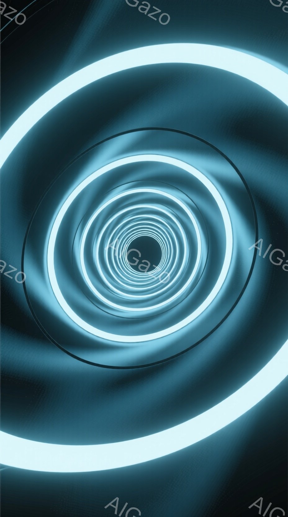 この画像は、中心に向かって収束する光のリングが何層にも重なった抽象的な表現です。深い青色の背景がリングの明るい光を際立たせ、未来的なトンネルのような奥行きを作り出しています。全体的に、静かで神秘的な雰囲気を醸し出しており、無限の空間や未知の世界への入り口を連想させます。