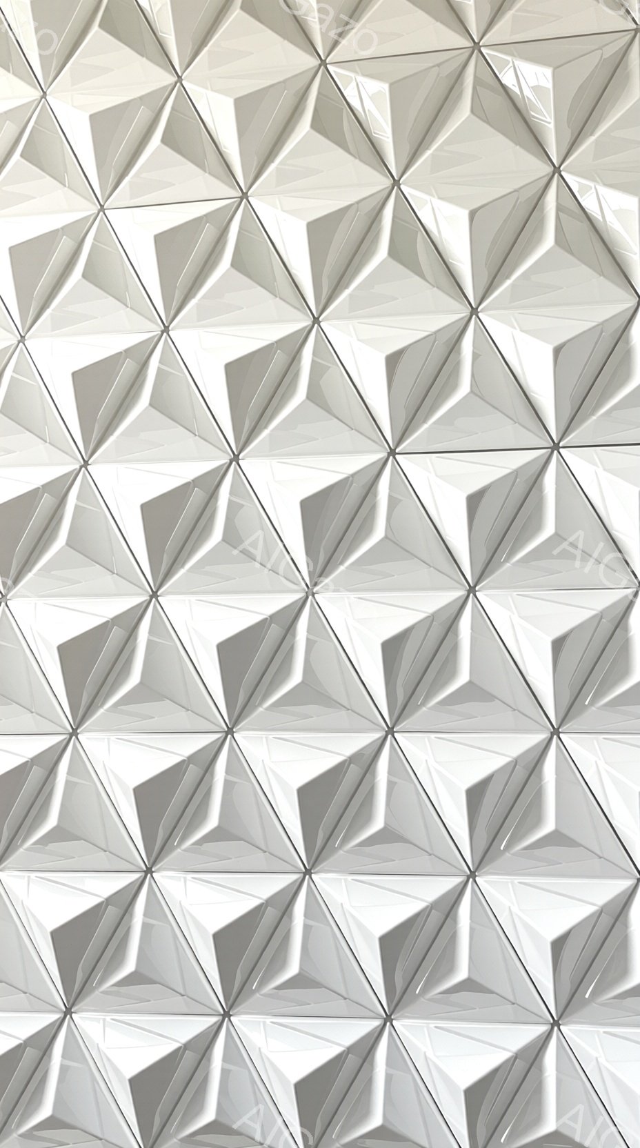 この画像は、等しい大きさの三角形が連続して配置されたテクスチャを捉えています。各三角形は光と影によって強調され、立体的な凹凸が生まれています。背景は均一なグレーで、幾何学的なパターンが強調されたミニマ - AI生成フリー素材