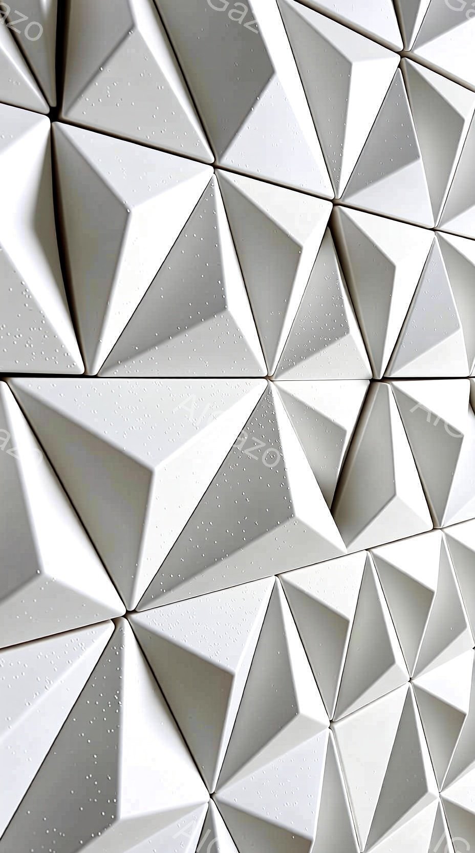 画像は、幾何学的な三角形のテクスチャが連続するクローズアップ写真です。各三角形は、光と影のコントラストが強調された、彫刻的な凹凸のある表面を持っています。全体的に、この画像はモダンでミニマルなデザイン - AI生成フリー素材