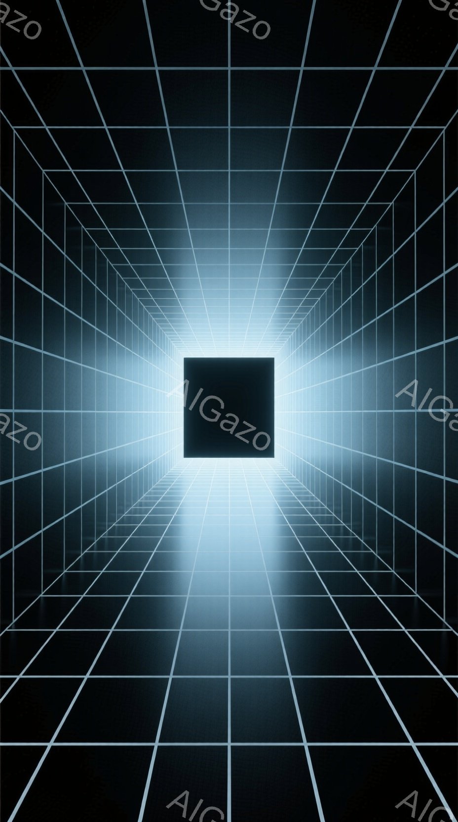 無限に続くグリッド状のトンネルが描かれており、遠近法によって奥行きが強調されている。中心には暗い四角形の空間が存在し、そこに向かって光が収束しているように見える。全体的に、未来的なデジタル空間や仮想現実を想起させる、静かで神秘的な雰囲気を醸し出している。