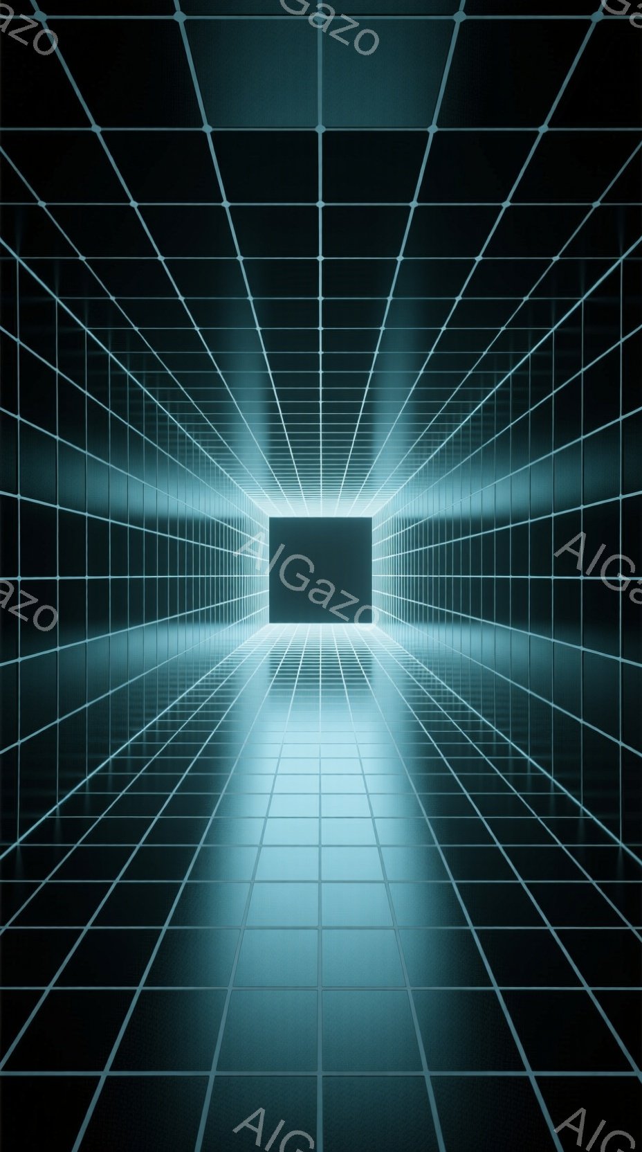 この画像は、青色のグリッド線で構成された無限に続くトンネルを描いています。線は遠近法によって収束し、光の強い中心点へと視線が誘導されます。全体的に未来的なデジタル空間を想起させる、冷たく静謐な雰囲気で - AI生成フリー素材