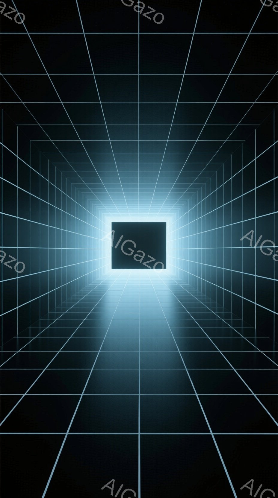 この画像は、蛍光色の青い線で構成された無限に続く迷路のような空間を描いています。遠近法が強調され、中心に光る正方形が視線を惹きつけ、未来的な仮想空間またはデジタル世界の印象を与えます。全体的に、静かで - AI生成フリー素材