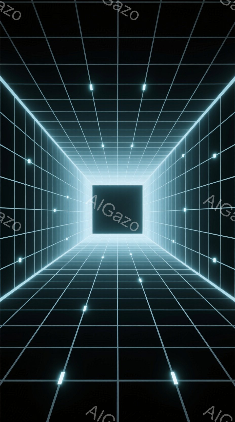 この画像は、ネオンブルーのグリッドで構成された無限に続くトンネルを描写しています。グリッド線は水平方向と垂直方向に伸びており、遠近法を利用して奥行きを強調しています。中央には光る四角形があり、トンネル - AI生成フリー素材