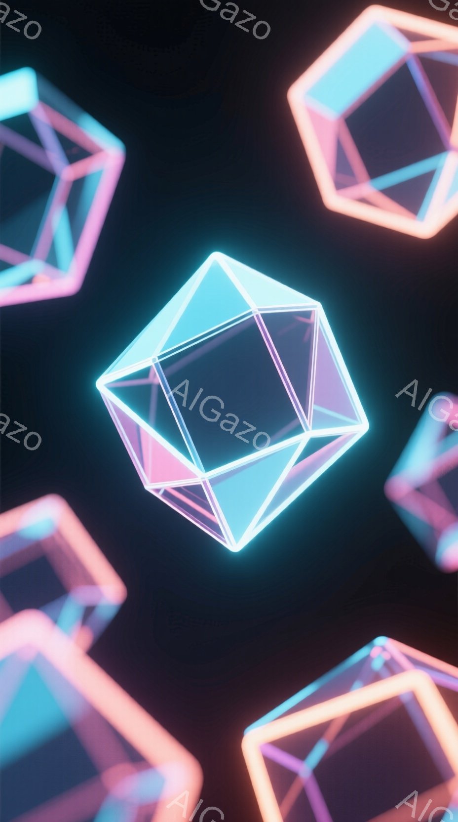 鮮やかなネオンカラーで縁取られた、複数の多面体が暗い背景に浮かび上がっています。それぞれの多面体は、青、ピンク、オレンジといった色彩で光を放ち、未来的な印象を与えます。全体的に、幾何学的な構造と発光する色彩が組み合わさり、幻想的でサイバーパンクな雰囲気を醸し出しています。