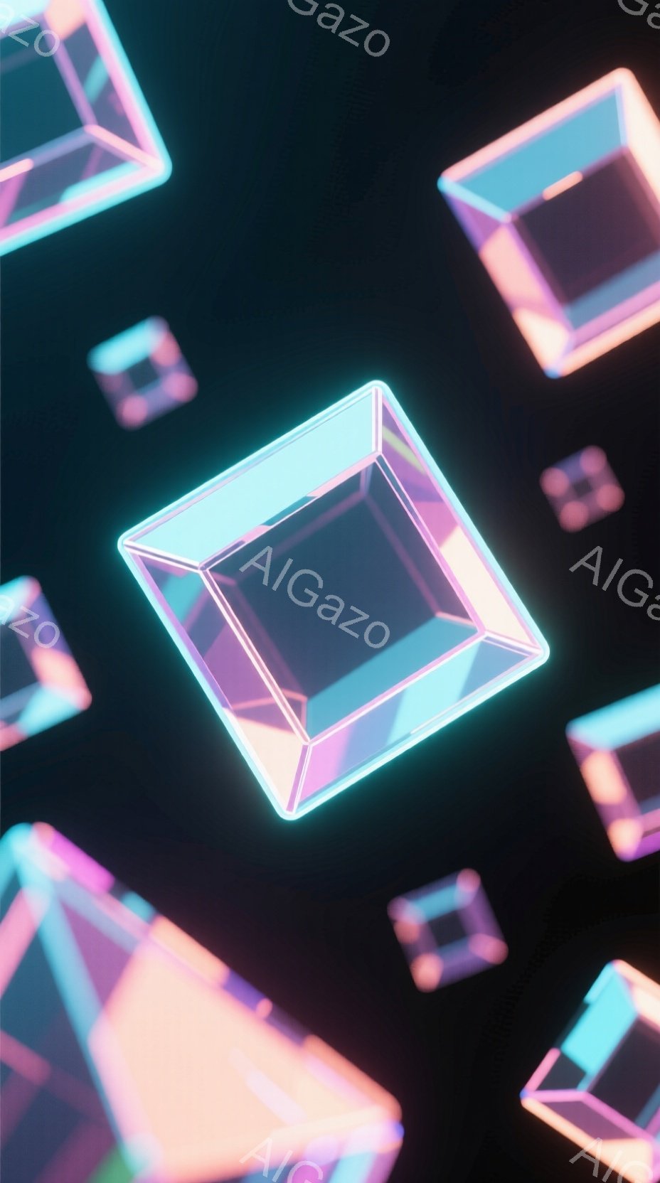 鮮やかなネオンピンクとターコイズブルーに輝く立方体が、暗い背景に浮かんでいます。各立方体は発光しており、光がその輪郭を際立たせて、未来的な印象を与えています。全体的に、ミニマルで幾何学的な構成が、神秘的で夢幻的な雰囲気を醸し出しています。