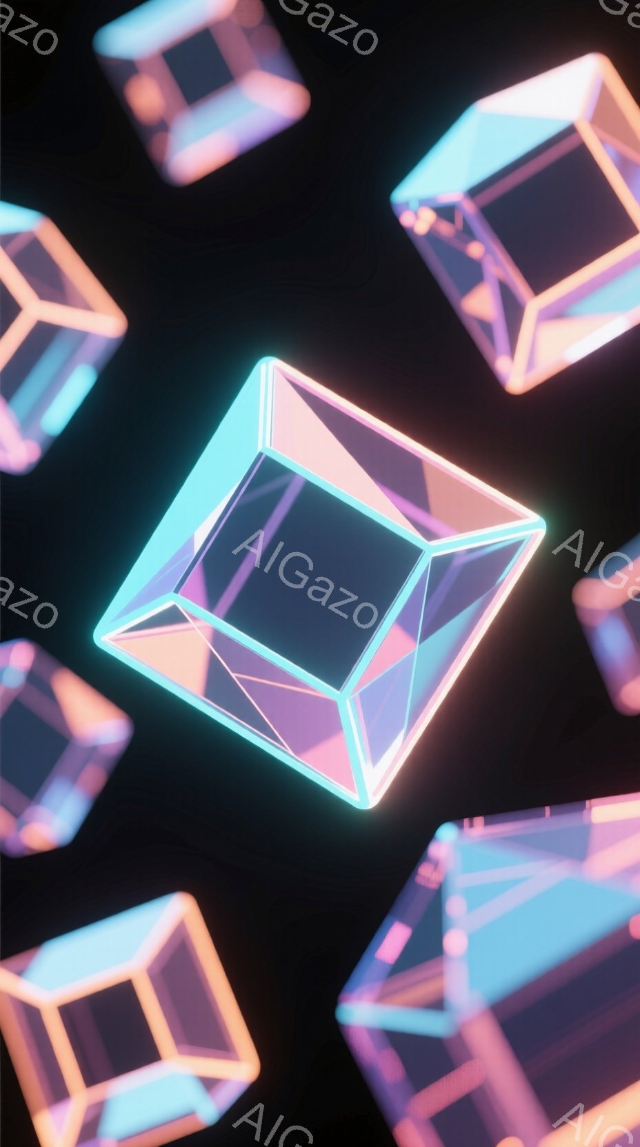 鮮やかなネオンカラーの多面体が暗い背景に浮かび上がっています。各多面体は、ターコイズブルー、ピンク、ラベンダーの色調で光り輝き、未来的な雰囲気を醸し出しています。幾何学的な形状と光の反射が組み合わさり、独特で抽象的なビジュアルを作り出しています。