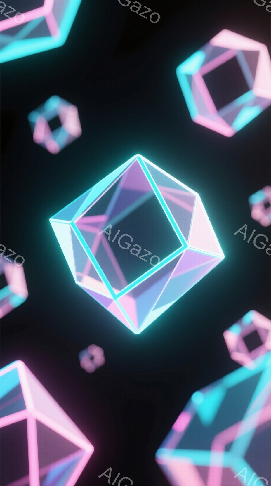 画像は、暗い背景に浮かぶ、発光する多面体の集合を描いています。これらの多面体は、鮮やかなピンクとターコイズブルーのネオンライトで縁取られており、未来的でサイバーパンクな雰囲気を醸し出しています。幾何学的な形が浮かび上がる様子は、無限の空間とデジタル世界のイメージを喚起させます。