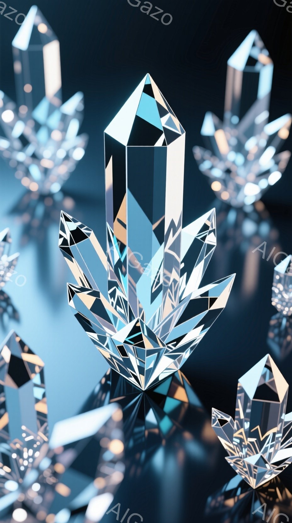 この画像は、様々な角度から見た透明な水晶の集合体を描いています。それぞれの水晶は多面的なカットが施され、光を反射してキラキラと輝き、背景の暗い色調とのコントラストでより際立っています。全体として、神秘的で幻想的な雰囲気を醸し出しています。