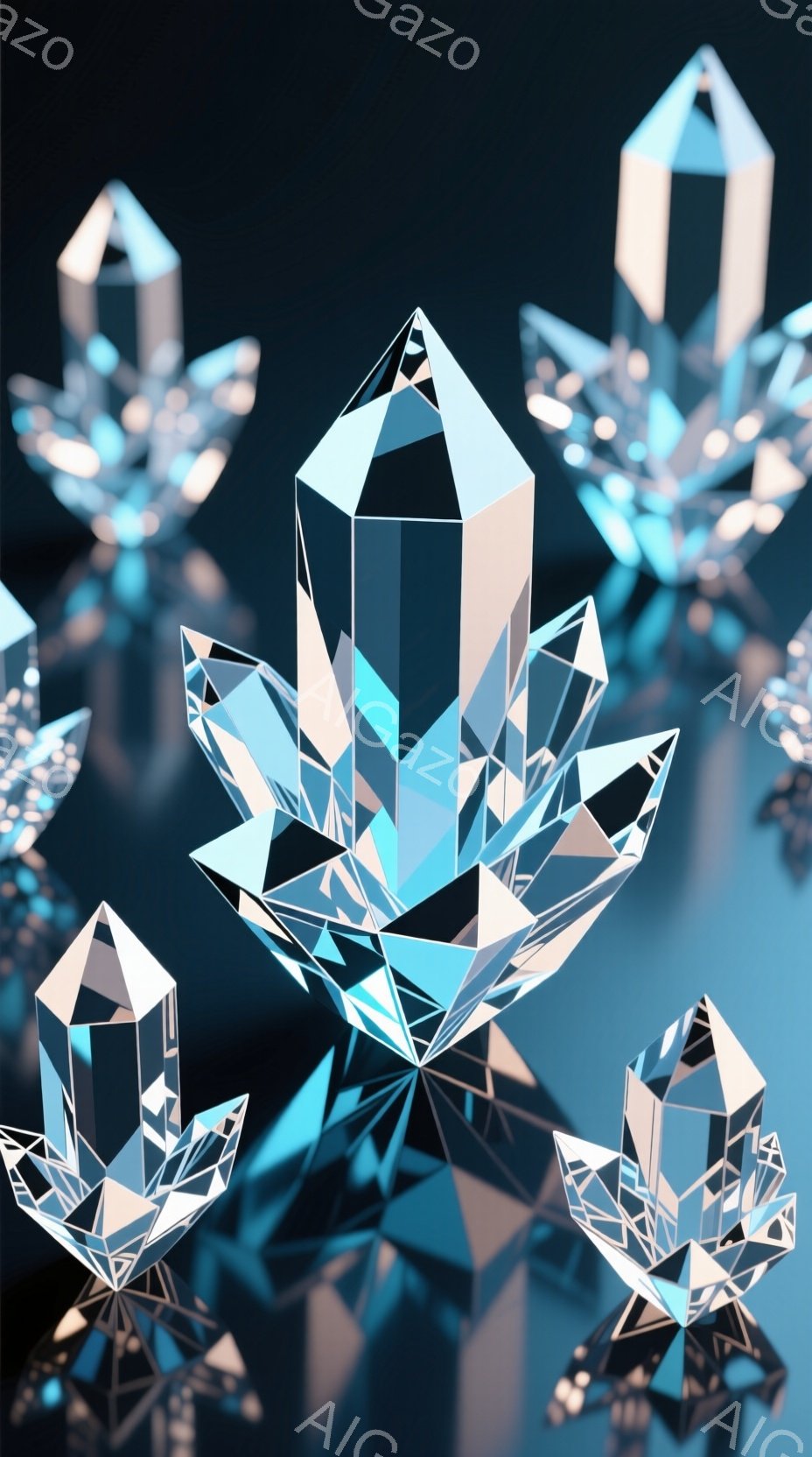 この画像は、多面体で構成されたクリスタルの集合を描いています。クリスタルは透明で、光を反射してキラキラと輝き、まるで氷の彫刻のようです。背景は暗いグレーで、クリスタルが際立ち、幻想的な雰囲気を醸し出しています。