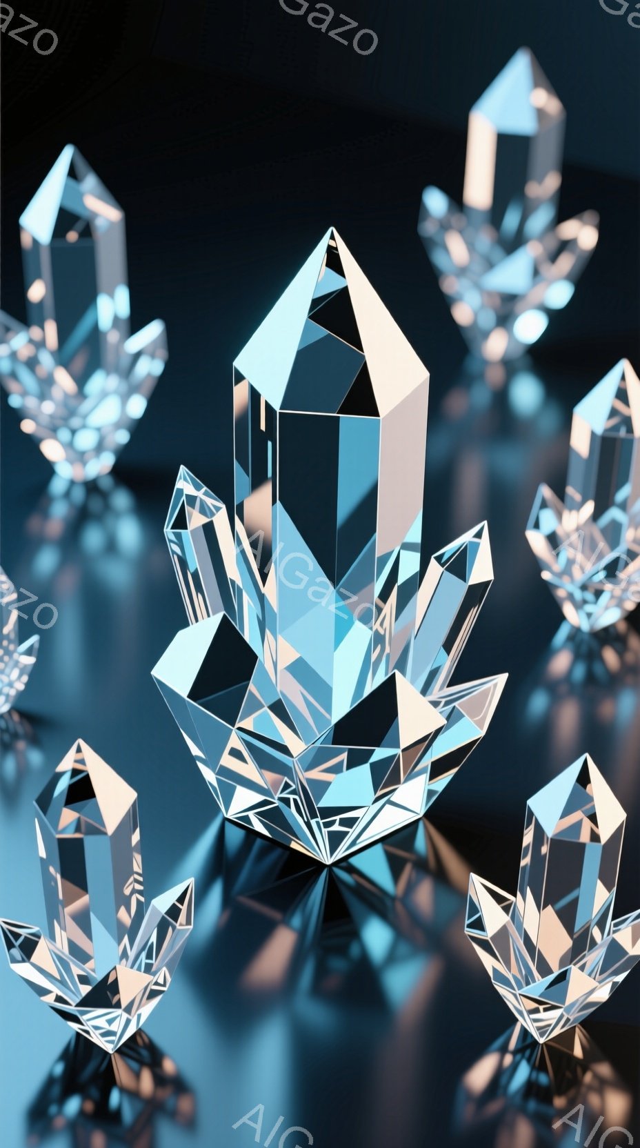 この画像は、様々な大きさのクリスタルが、暗い反射面の上に配置された様子を描いています。クリスタルは多面体で構成され、光を反射して輝き、それぞれが独特の形状を持っています。全体的に、静かで神秘的な雰囲気を醸し出しています。