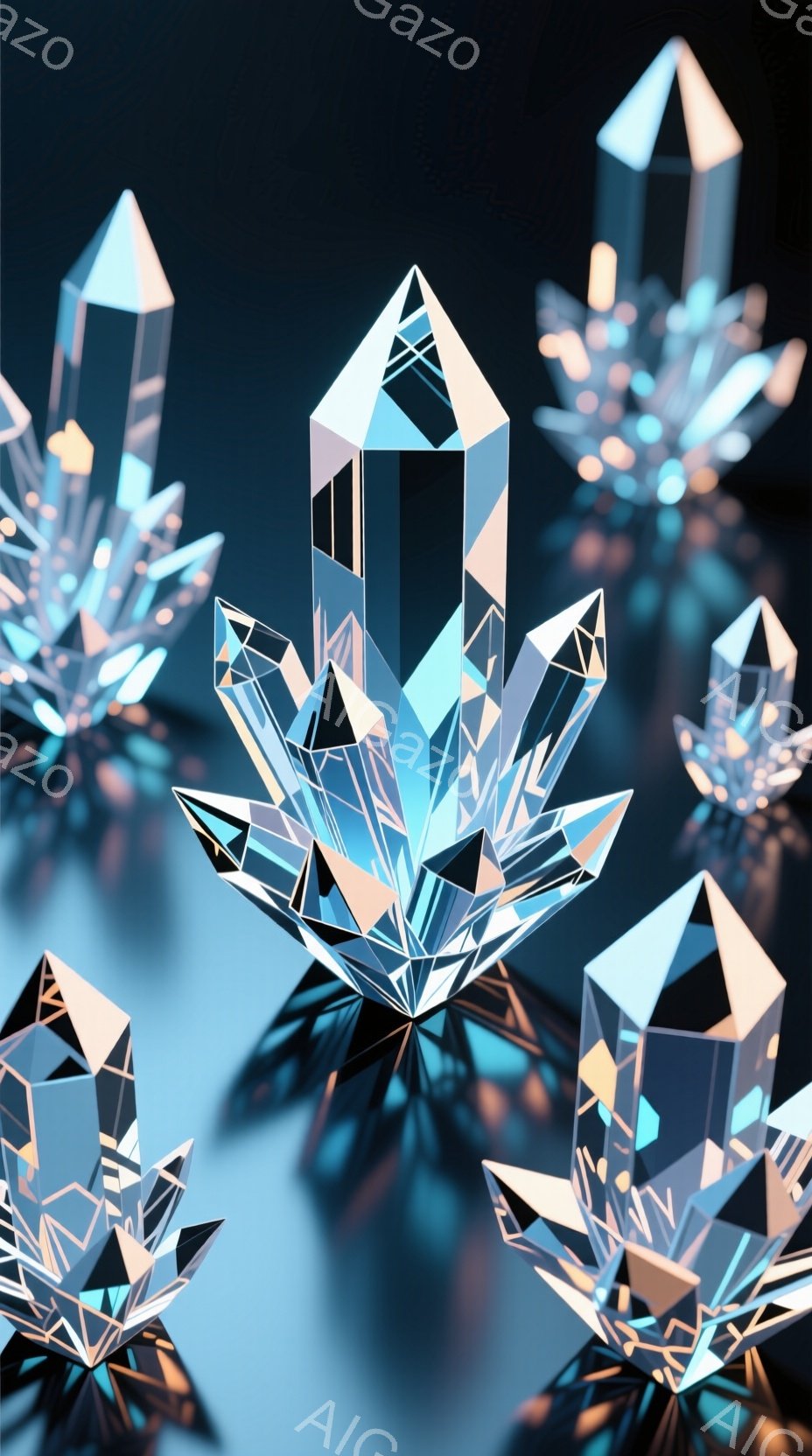 画像には、様々なサイズの透明な水晶が映し出されています。水晶は、光を反射して虹色に輝き、滑らかで鋭いエッジを持っています。背景は暗く、水晶の反射がぼんやりと見え、幻想的で神秘的な雰囲気を醸し出しています。