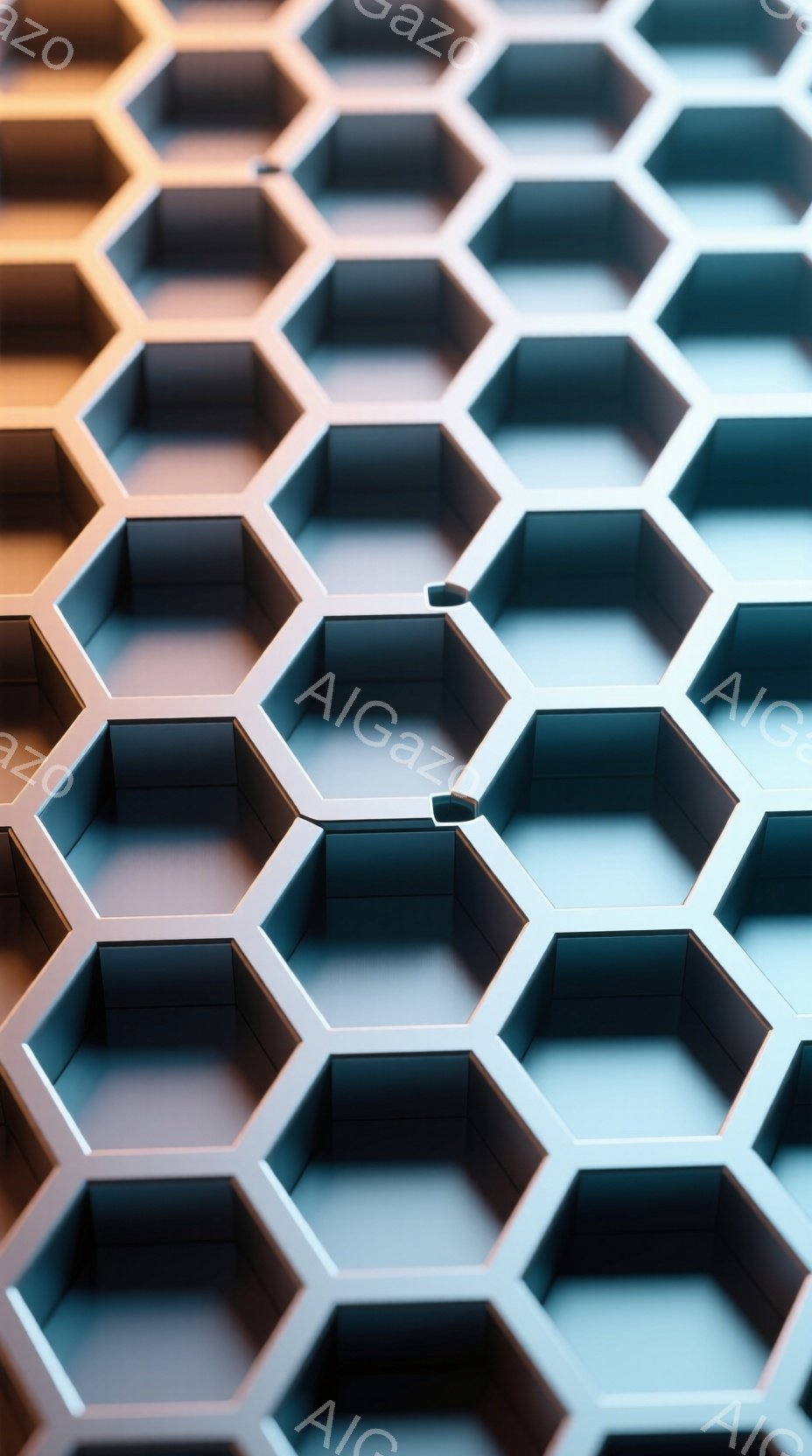 画像は六角形のタイルが隙間なく並んだパターンを示しており、表面は光沢のある金属のような質感で、それぞれの六角形は微妙に異なる陰影とハイライトを持っています。このパターンは奥行きがあり、無限に続くかのような視覚的な印象を与え、未来的なテクノロジーや構造を連想させます。全体として、クリーンでミニマルなデザインが特徴で、冷たく洗練された雰囲気を醸し出しています。