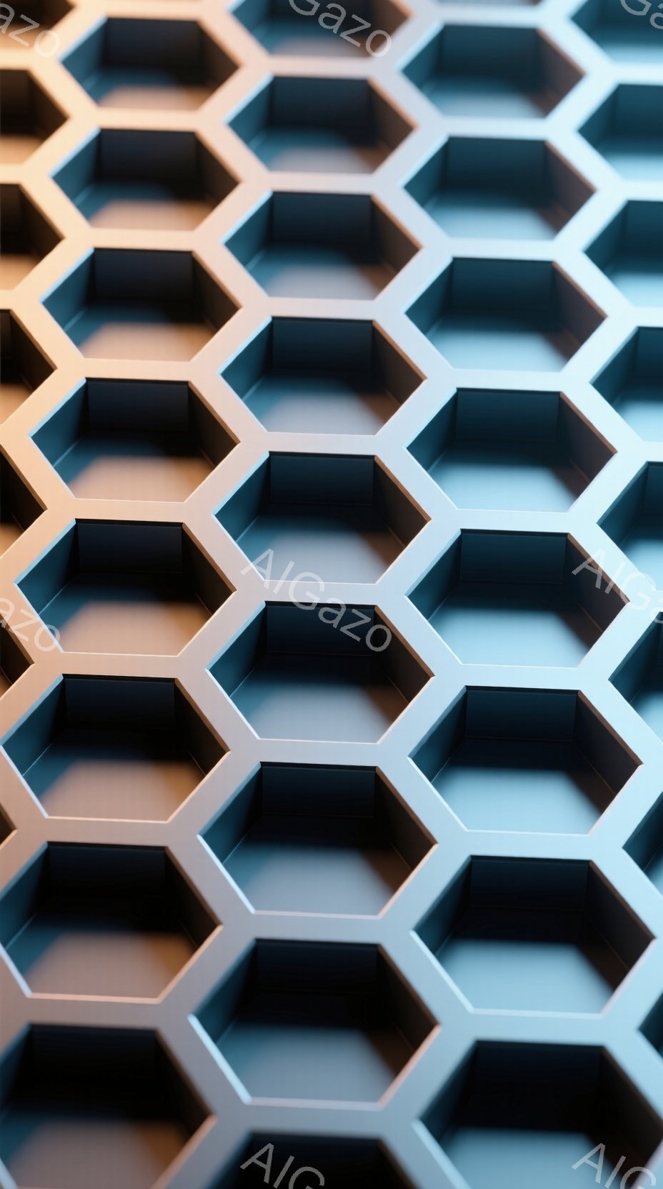 この画像は、規則的に並んだ六角形のパターンが特徴です。各六角形は、光と影によって立体感があり、わずかなグラデーションが施されています。全体として、無機質でありながらも、幾何学的な美しさと奥行きを感じさせる抽象的な背景です。