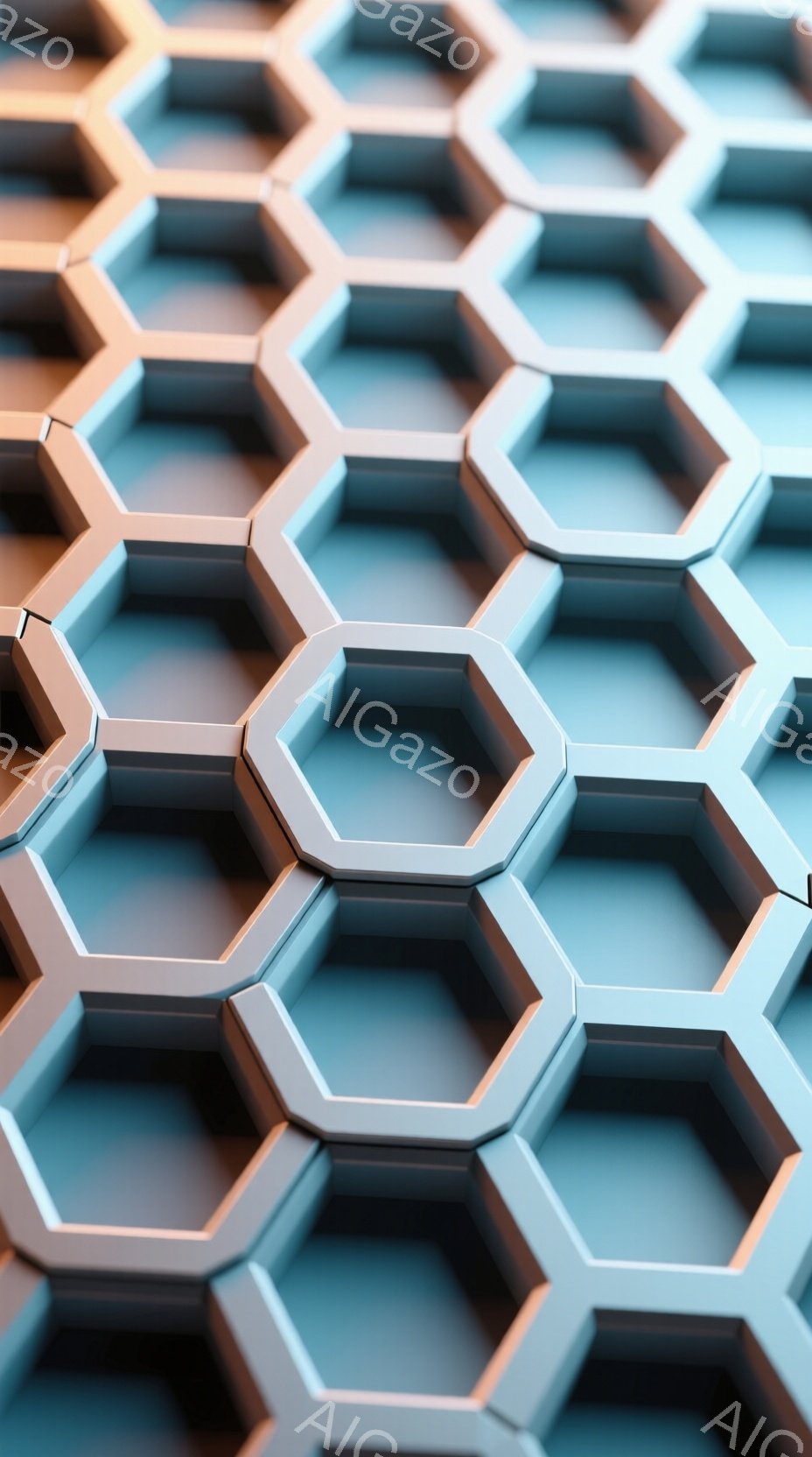 画像は、規則的に配置された六角形のパターンで構成されています。それぞれの六角形は、光沢のある金属のような質感で、立体感があります。全体的に、無機質で現代的な、幾何学的な美しさを感じさせる抽象的な背景で - AI生成フリー素材