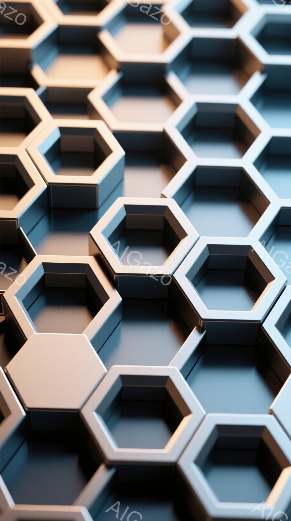 均整の取れた六角形が、金属的な光沢を持って密接に並べられています。各六角形はわずかに立体感があり、影によって奥行きが強調されています。全体的にクールで未来的な印象を与える、幾何学的な抽象表現です。