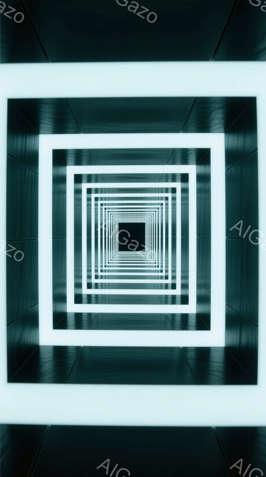 この画像は、光る正方形が無限に続くトンネルのような空間を描いています。 各正方形は、暗い背景に対して鮮やかに光り、奥行きのある視覚効果を生み出しています。 全体的に、神秘的で未来的な雰囲気を醸し出しています。