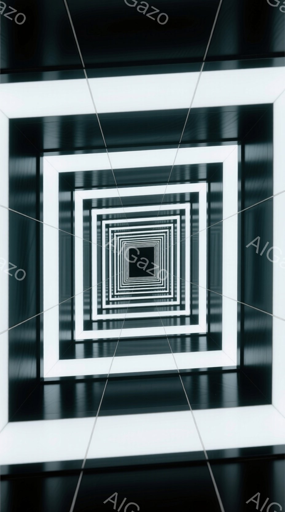 この画像は、白と黒の四角形の繰り返しが視覚的な無限のトンネルを作り出しています。各四角形は前の四角形よりも小さく、遠近感を利用して奥行きのある錯視を生み出しています。全体的に、モダンでミニマリスト的な雰囲気であり、幾何学的なパターンが強調されています。