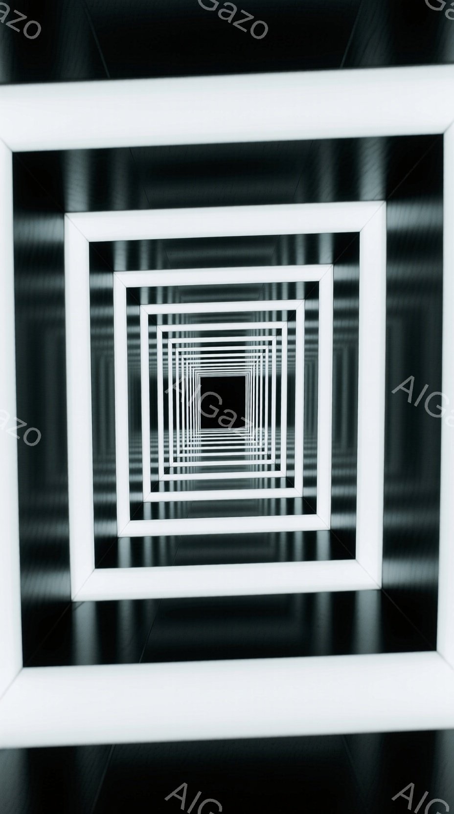 白い光の枠が、黒い背景の中に何重にも重ねられた迷宮のような空間が描かれています。遠近法が強調され、視覚的に無限の奥行きを作り出しており、まるで鏡の世界に迷い込んだような感覚を喚起します。全体的にミニマルでモダンな印象を与え、静寂と神秘的な雰囲気が漂っています。