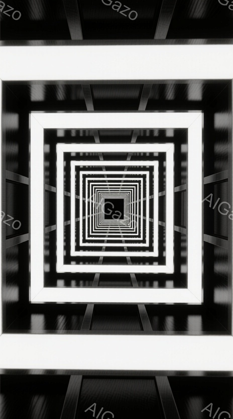 無限に続くように見える白い四角形のトンネルが描かれています。各四角形は暗い影で縁取られており、奥行きと視覚的な錯覚を生み出しています。この幾何学的な構成は、閉塞感と同時に無限の可能性を感じさせる、抽象的でミニマルな表現です。