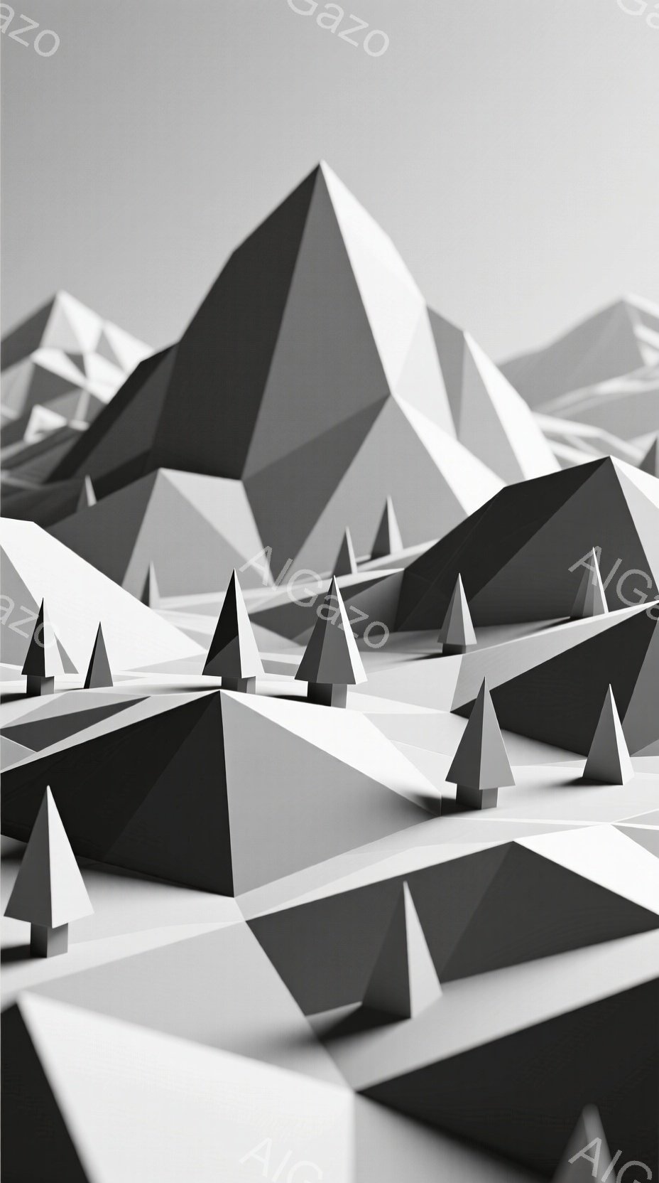 この画像は、多角形で構成された山岳風景を描いています。様々な大きさの三角形が重なり合い、独特の奥行きと陰影を生み出しており、まるで幾何学的な彫刻のような印象を与えます。全体的にモノクロームで統一されており、静寂で抽象的な雰囲気が漂っています。