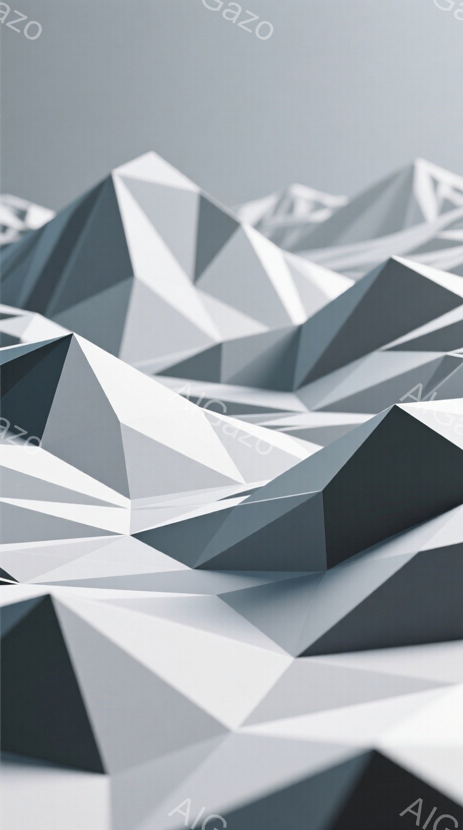 この画像は、多角形で構成された抽象的な風景を描いています。白から濃いグレーのグラデーションが、鋭い稜線と影を作り出し、まるで山脈や氷河のような地形を思わせます。光と影のコントラストが強調され、未来的で無機質な雰囲気を醸し出しています。