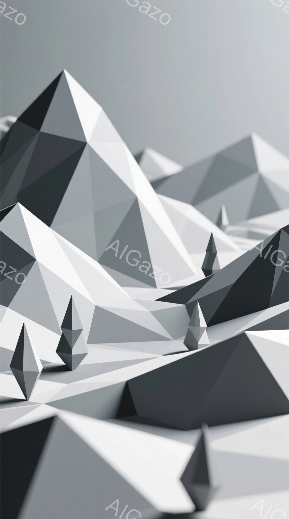 この画像は、幾何学的な三角形の山々が密集して描かれた、モノクロームの抽象的な風景です。山々は鋭い稜線を持ち、影によって立体感が強調されており、まるで紙で作られたオブジェのような印象を与えます。全体的に静かで、無機質な、ミニマルな雰囲気が漂っています。