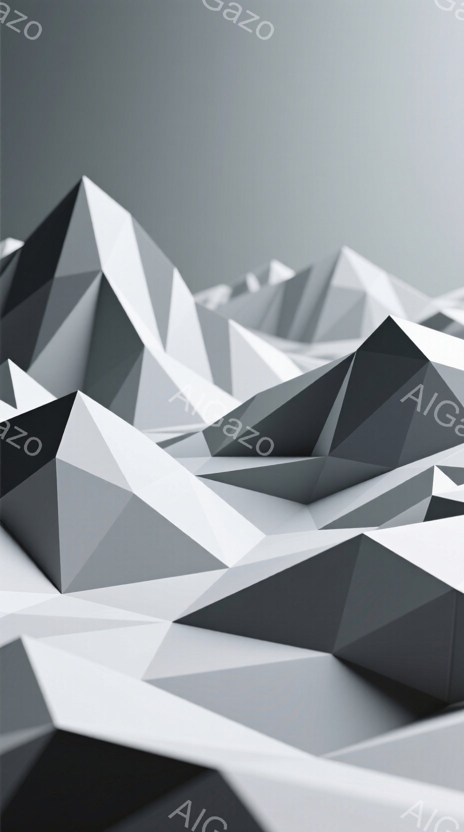 この画像は、幾何学的な多角形で構成された、山や丘のような地形を抽象的に表現したものです。グレーと白を基調とした色調で、陰影によって立体感が強調されています。全体的にミニマルでモダンな印象を与え、静寂と奥行きを感じさせます。