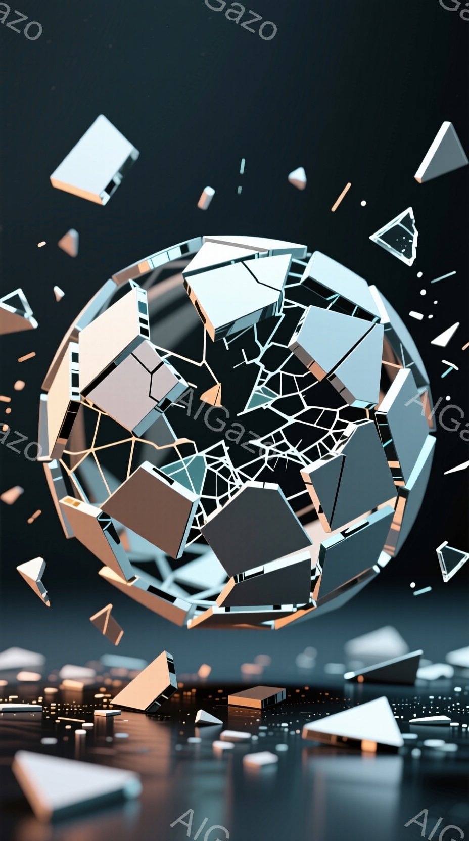 砕けた球体が、割れた破片を周囲に散らしながら浮かんでいます。背景には、ぼやけた光のラインが描かれた、未来的な都市景観が広がっており、暗く反射的な表面が全体的なドラマチックな雰囲気を醸し出しています。こ - AI生成フリー素材
