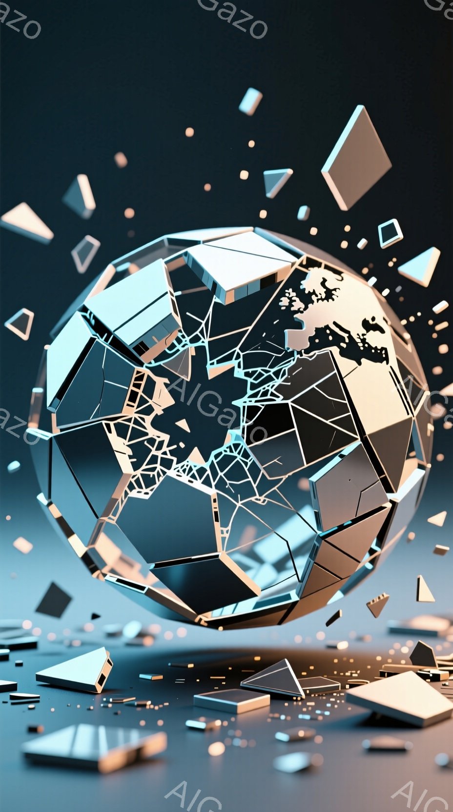砕け散る地球のような球体が、無数の幾何学的な破片に分解され、空中に舞い上がっている様子が描かれています。球体は金属的な光沢を持ち、その内部には複雑な線状の構造が見られます。背景は青みがかったグレーで、 - AI生成フリー素材