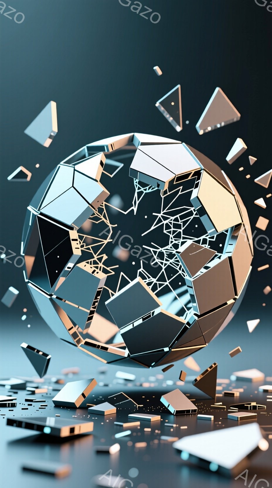 砕け散る球体が描かれた画像です。球体は幾何学的なパネルで構成され、内部には細い線が複雑に絡み合った構造が見られます。暗い背景に、様々な大きさのパネルが飛び散っており、破壊とエネルギーが感じられる印象的なビジュアルです。