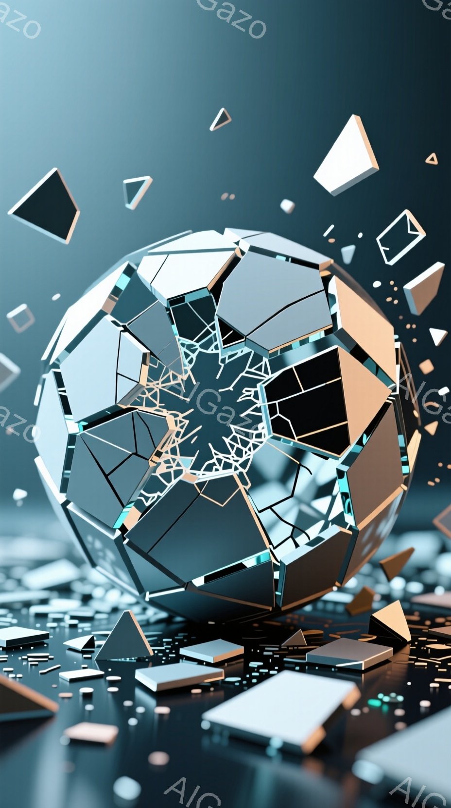 この画像は、砕け散る球体を描いています。球体は黒とグレーのパネルで構成され、周囲には同じパネルの破片が散らばっています。背景は暗く、パネルの破片が光を反射し、ドラマチックな雰囲気を醸し出しています。