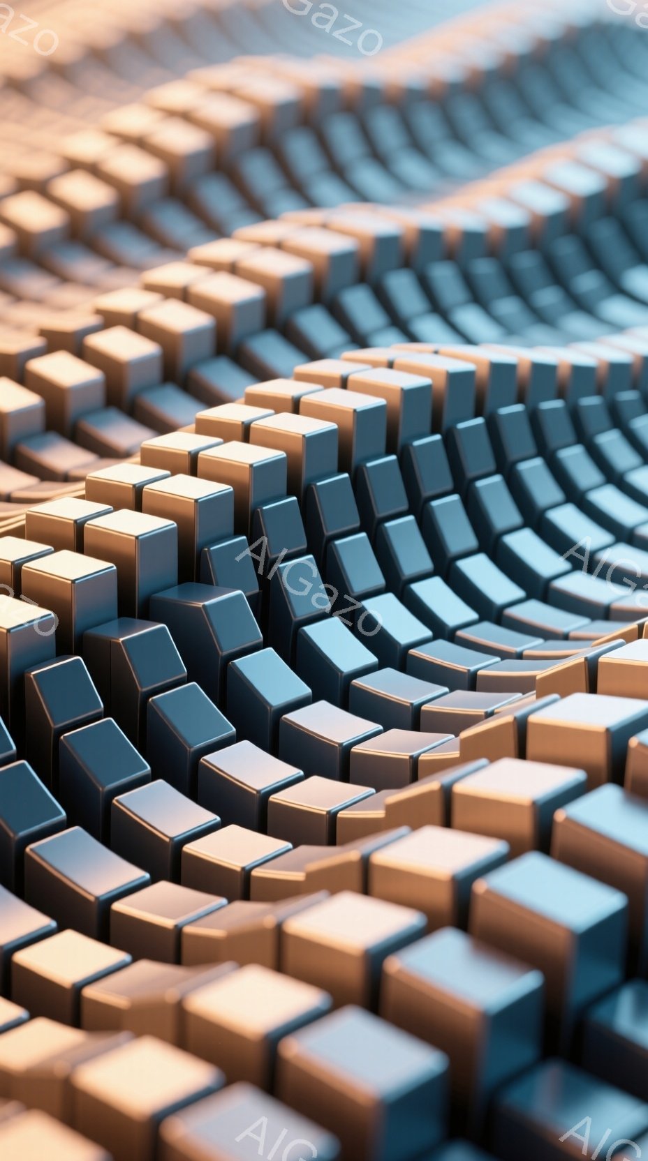 均整のとれた立方体が無数に並び、うねるような波のような形状を形成しています。立方体は青と茶色のグラデーションで、光の当たり方によって陰影が生まれ、立体感が強調されています。全体として、幾何学的で未来的 - AI生成フリー素材