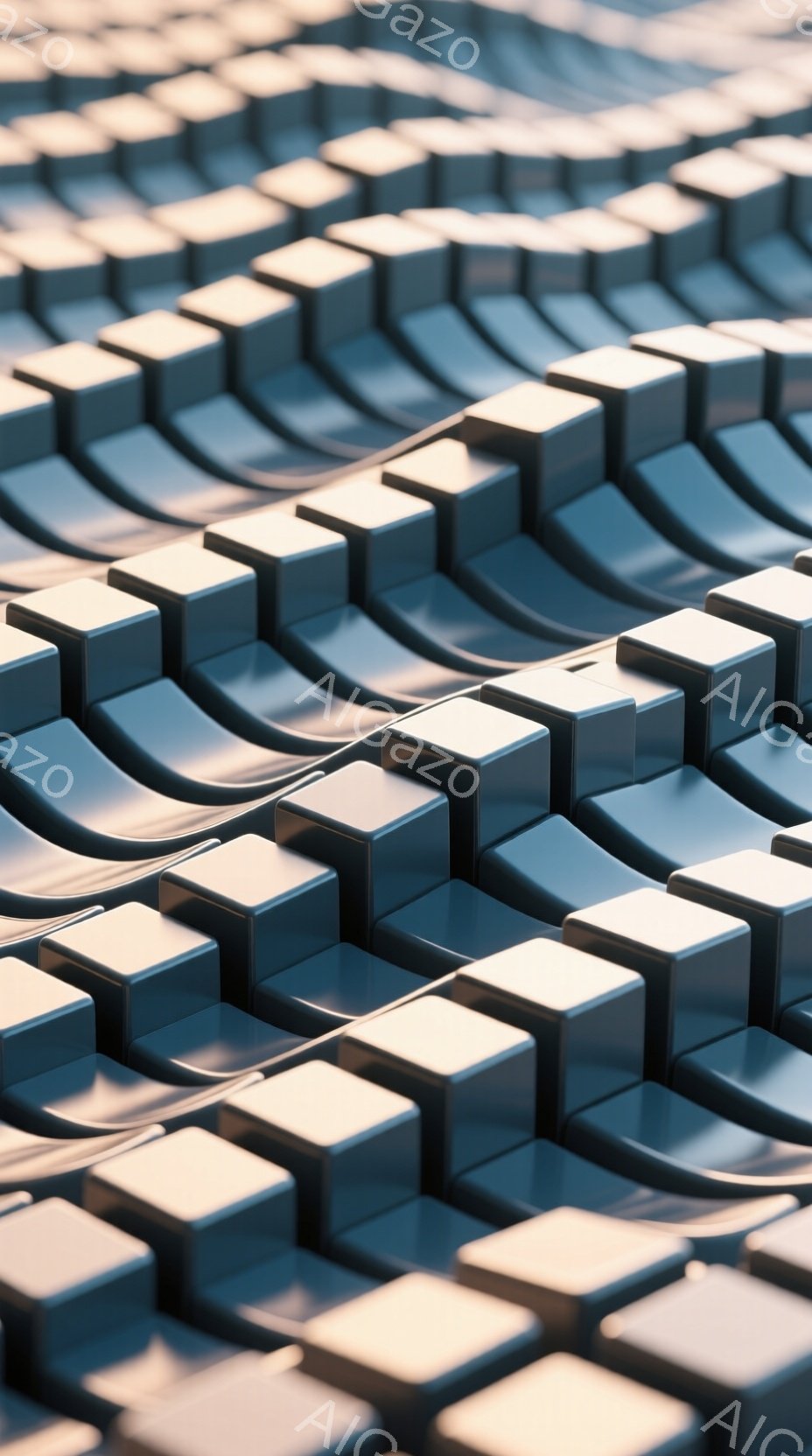 この画像は、規則的に配置された立方体の集合体で構成されたテクスチャを示しています。立方体は金属のような質感で、光沢があり、影が強調されています。全体的に、幾何学的で未来的な雰囲気が漂い、抽象的で独特な - AI生成フリー素材