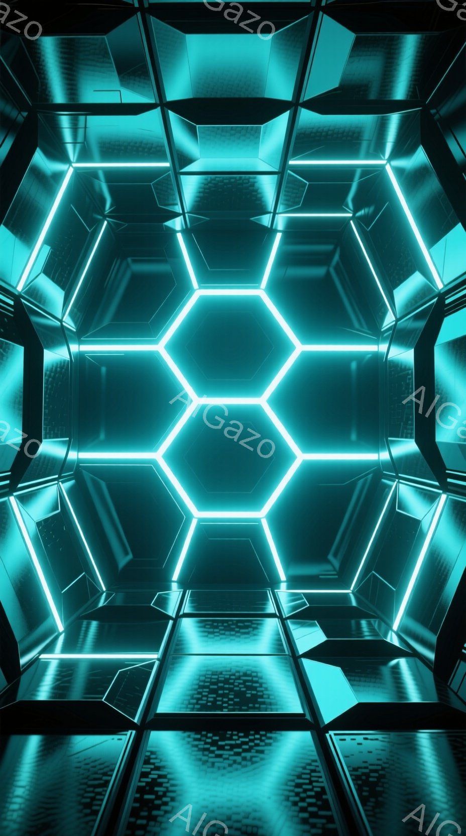 この画像は、六角形のグリッド状の光が幾重にも重なり、未来的なトンネルのような空間を描いています。黒色の壁面は反射しており、光の軌跡が幾何学的な模様を作り出し、まるでサイバー空間の中にいるかのような印象 - AI生成フリー素材