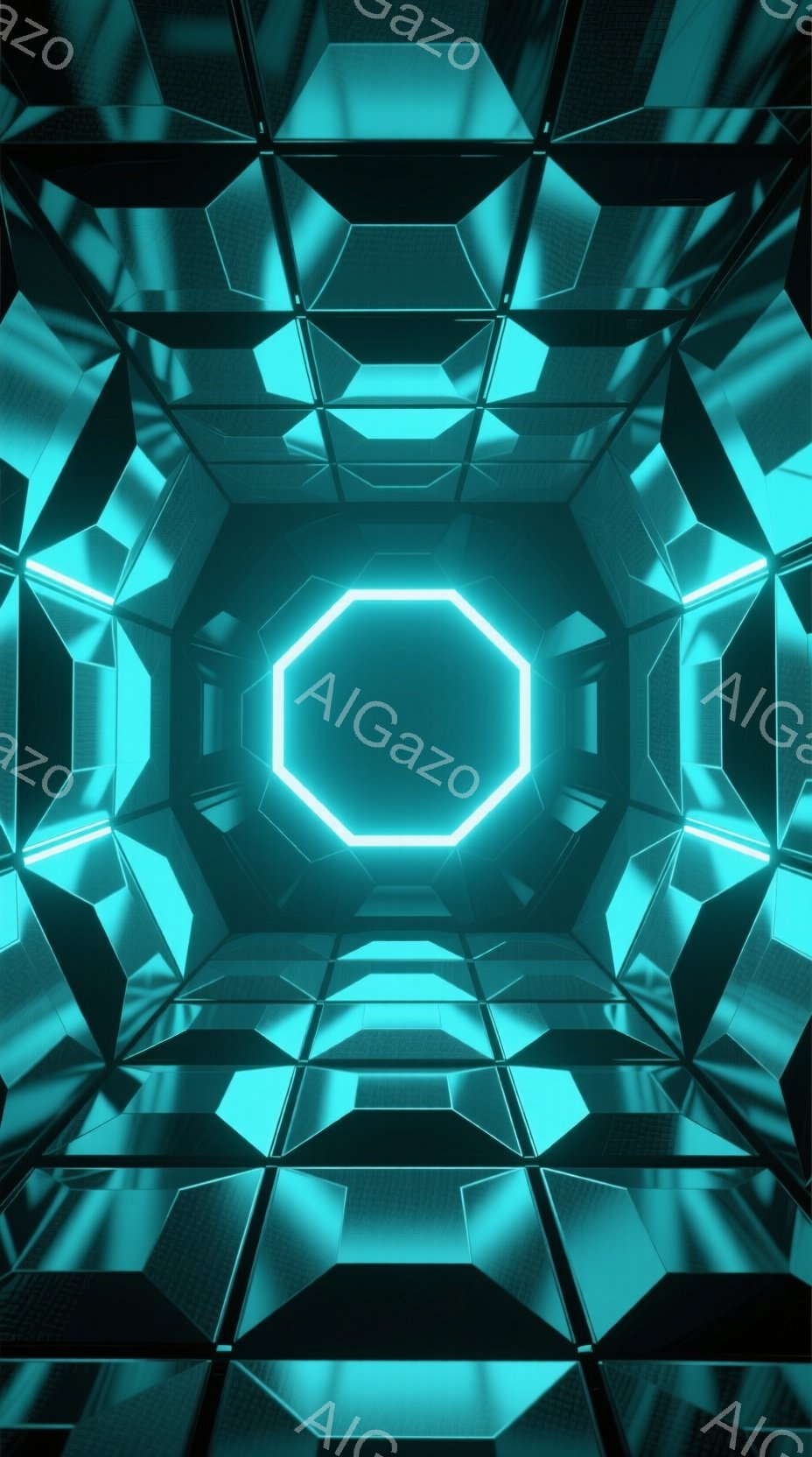 この画像は、ターコイズブルーと黒を基調とした、未来的なトンネルまたは通路を描いています。幾何学的なパネルが壁と天井を構成し、中心には明るい青色の八角形が浮かび上がっています。全体的に、未来感、テクノロジー、そして無限の空間を連想させる、没入感のある雰囲気です。