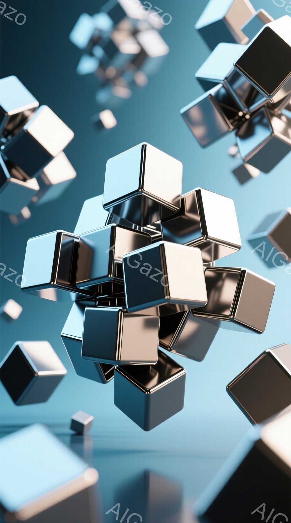 画像は、光沢のある金属製の立方体が多数、青みがかった背景に浮かび、互いに重なり合っている様子を描写しています。 立方体は様々なサイズで、反射光が複雑に絡み合い、立体感と奥行きを強調しています。 全体的 - AI生成フリー素材